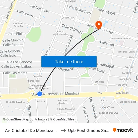 Av. Cristobal De Mendoza Y Av. Beni to Upb Post Grados Santa Cruz map