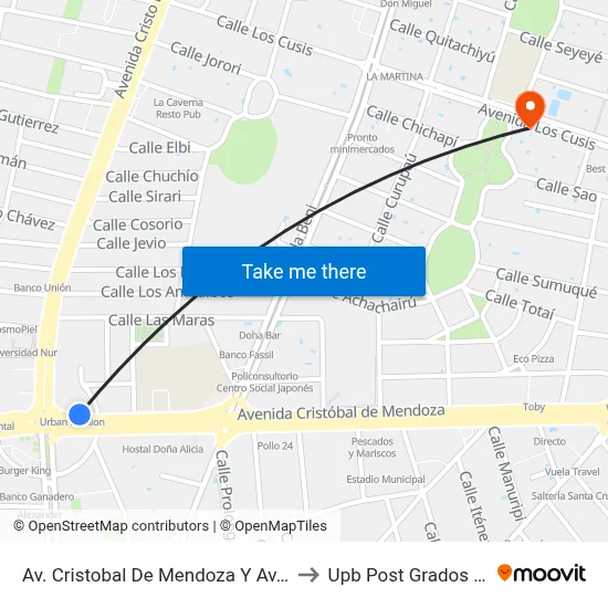 Av. Cristobal De Mendoza Y Av. Cristo Redentor to Upb Post Grados Santa Cruz map