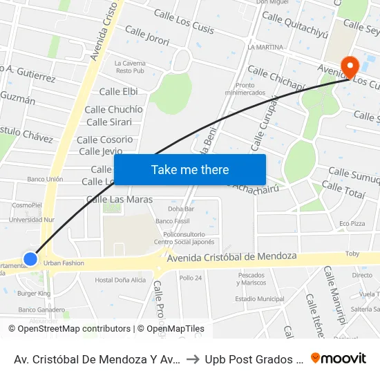 Av.  Cristóbal De Mendoza Y Av. Cristo Redentor to Upb Post Grados Santa Cruz map