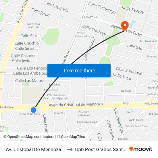 Av. Cristobal De Mendoza Y Beni to Upb Post Grados Santa Cruz map