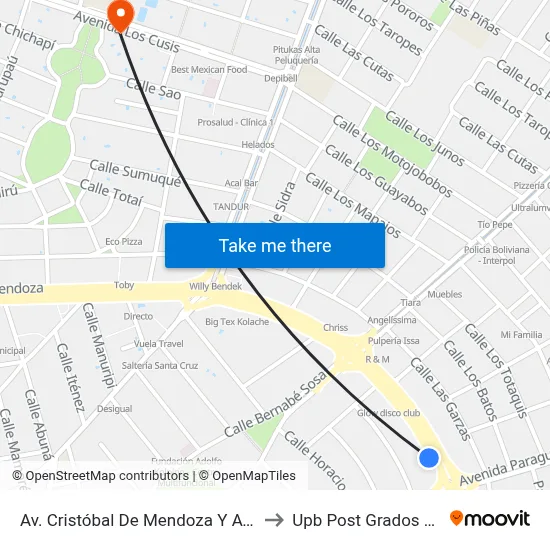 Av. Cristóbal De Mendoza Y Av. Suárez Arana to Upb Post Grados Santa Cruz map
