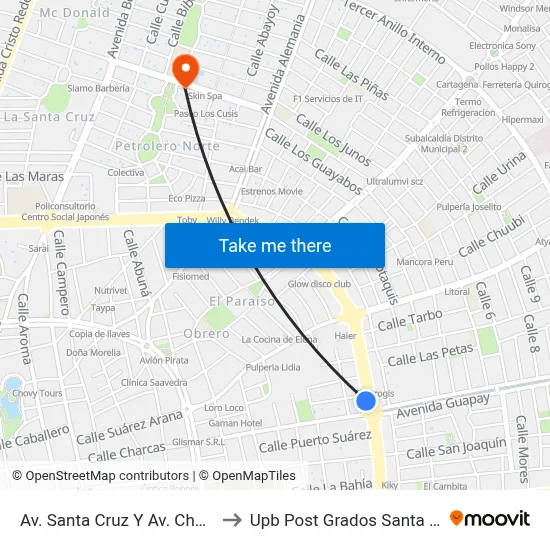 Av. Santa Cruz Y Av. Charcas to Upb Post Grados Santa Cruz map