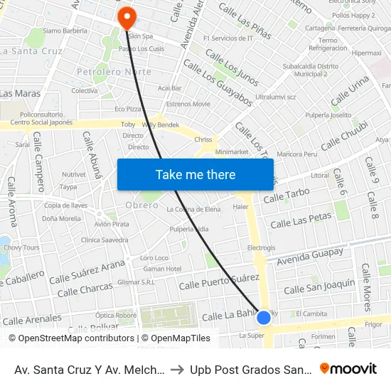 Av. Santa Cruz Y Av. Melchor Pinto to Upb Post Grados Santa Cruz map