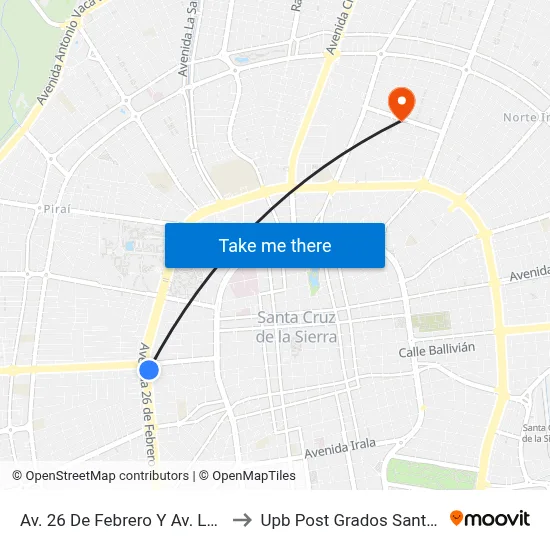 Av. 26 De Febrero Y Av. Landívar to Upb Post Grados Santa Cruz map