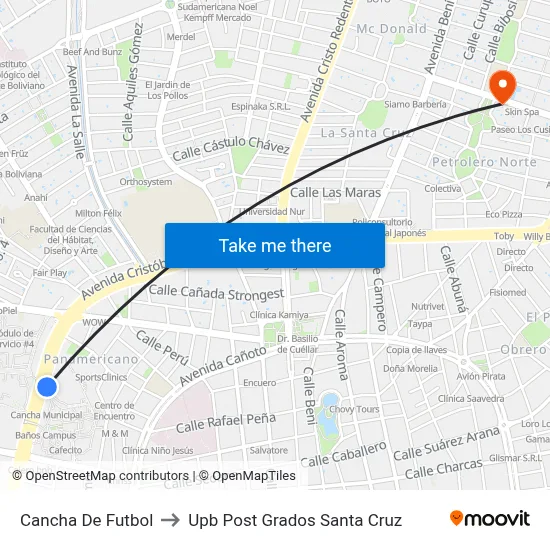 Cancha De Futbol to Upb Post Grados Santa Cruz map