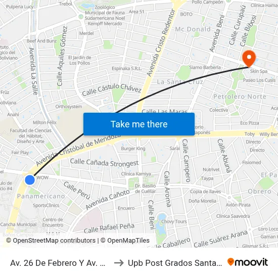 Av. 26 De Febrero Y Av. Busch to Upb Post Grados Santa Cruz map