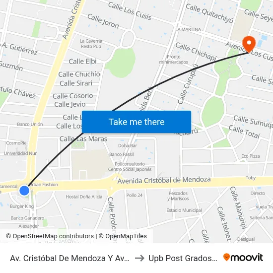 Av. Cristóbal De Mendoza Y Av. Monseñor Rivero to Upb Post Grados Santa Cruz map
