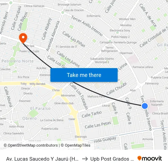 Av. Lucas Saucedo Y Jaurú (Hospital Japonés) to Upb Post Grados Santa Cruz map