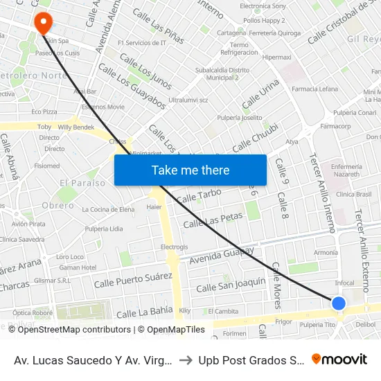 Av. Lucas Saucedo Y Av. Virgen De Cotoca to Upb Post Grados Santa Cruz map
