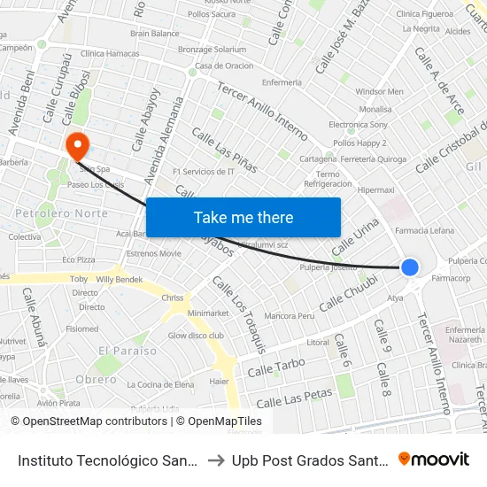 Instituto Tecnológico Santa Cruz to Upb Post Grados Santa Cruz map