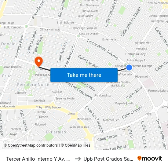 Tercer Anillo Interno Y Av. Mutualista to Upb Post Grados Santa Cruz map