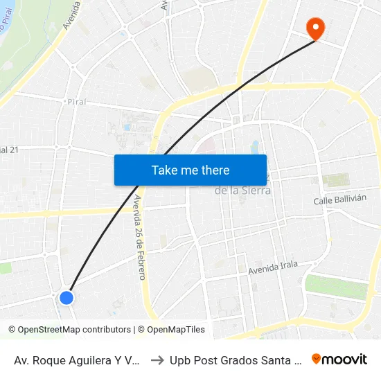 Av. Roque Aguilera Y Venus to Upb Post Grados Santa Cruz map