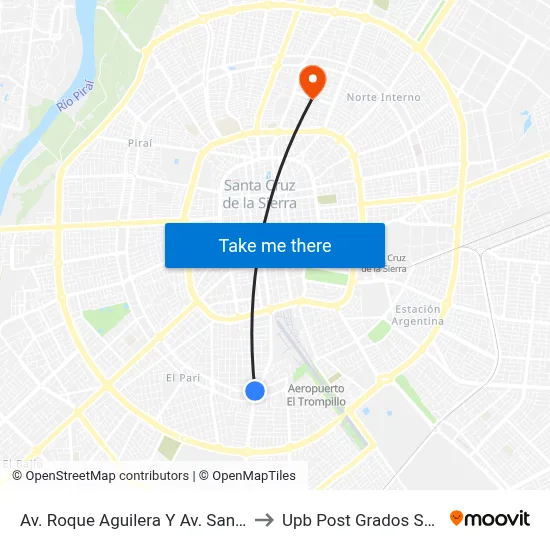 Av. Roque Aguilera Y Av. Santos Dumont to Upb Post Grados Santa Cruz map