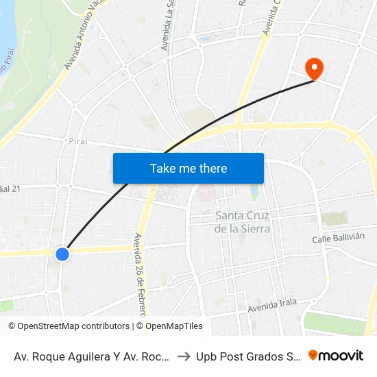 Av. Roque Aguilera Y Av. Roca Y Coronado to Upb Post Grados Santa Cruz map
