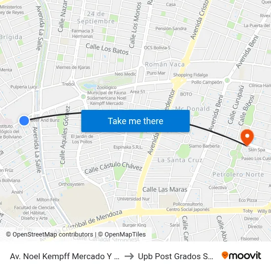 Av. Noel Kempff Mercado Y Av. La Salle to Upb Post Grados Santa Cruz map