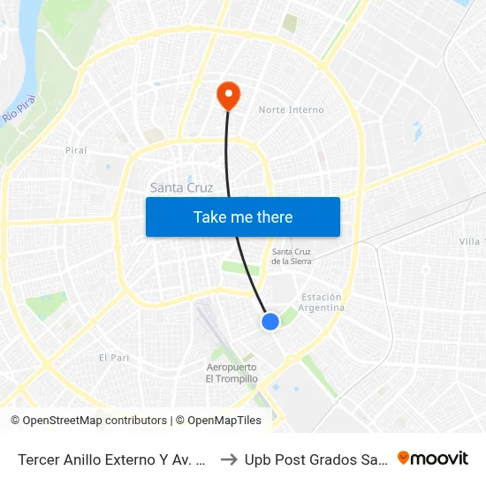 Tercer Anillo Externo Y Av. San Aurelio to Upb Post Grados Santa Cruz map