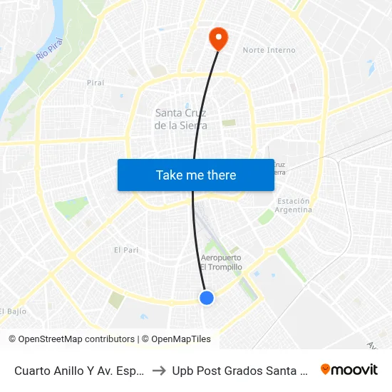 Cuarto Anillo Y Av. España to Upb Post Grados Santa Cruz map