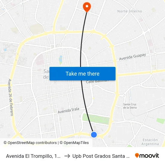 Avenida El Trompillo, 1019 to Upb Post Grados Santa Cruz map