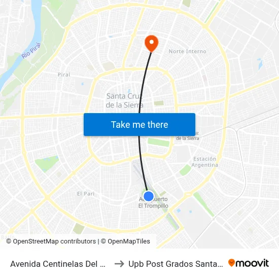 Avenida Centinelas Del Chaco to Upb Post Grados Santa Cruz map