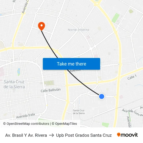 Av. Brasil Y Av. Rivera to Upb Post Grados Santa Cruz map