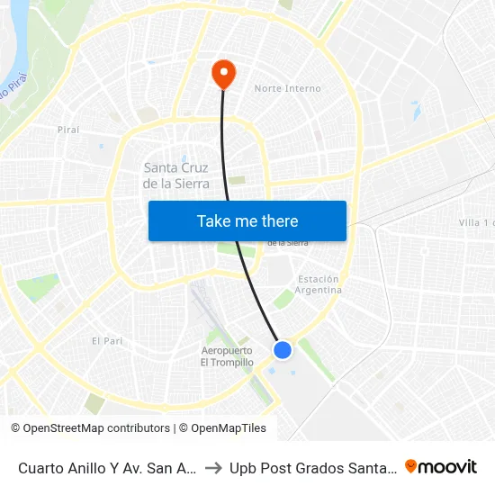Cuarto Anillo Y Av. San Aurelio to Upb Post Grados Santa Cruz map