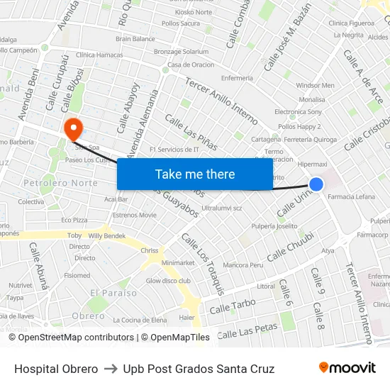 Hospital Obrero to Upb Post Grados Santa Cruz map