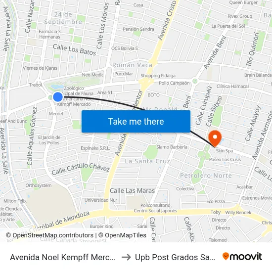 Avenida Noel Kempff Mercado, 1038 to Upb Post Grados Santa Cruz map