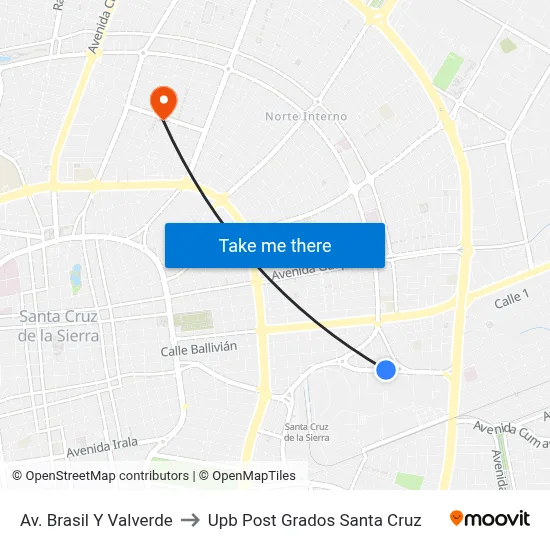 Av. Brasil Y Valverde to Upb Post Grados Santa Cruz map