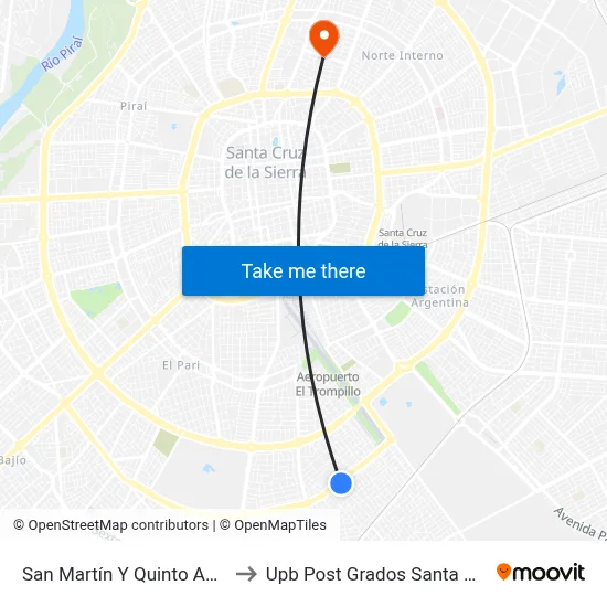 San Martín Y Quinto Anillo to Upb Post Grados Santa Cruz map