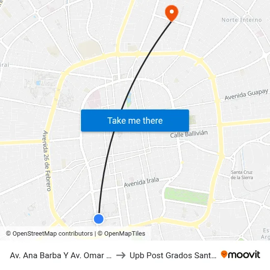 Av. Ana Barba Y Av. Omar Chávez to Upb Post Grados Santa Cruz map
