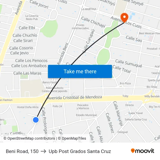 Beni Road, 150 to Upb Post Grados Santa Cruz map