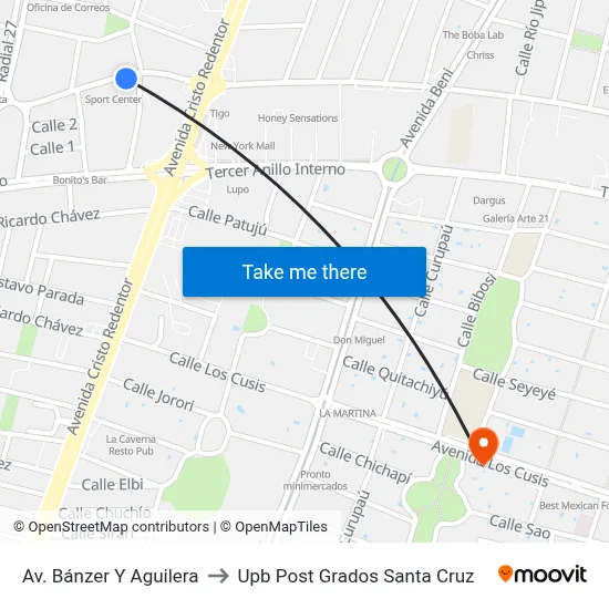 Av. Bánzer Y Aguilera to Upb Post Grados Santa Cruz map
