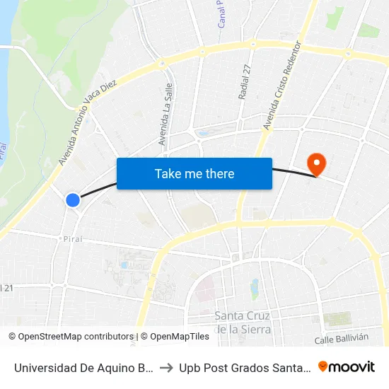 Universidad De Aquino Bolivia to Upb Post Grados Santa Cruz map