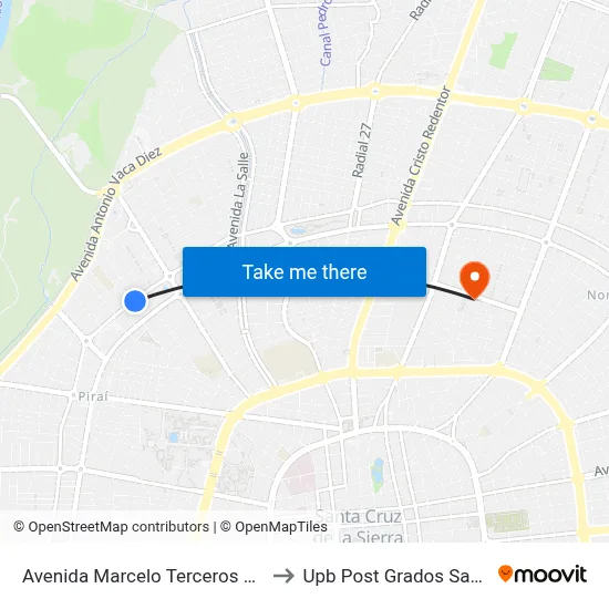 Avenida Marcelo Terceros Bánzer, 30 to Upb Post Grados Santa Cruz map