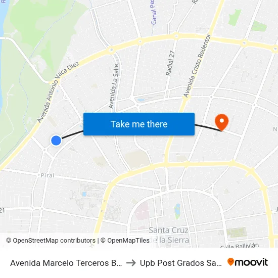 Avenida Marcelo Terceros Bánzer, 334 to Upb Post Grados Santa Cruz map