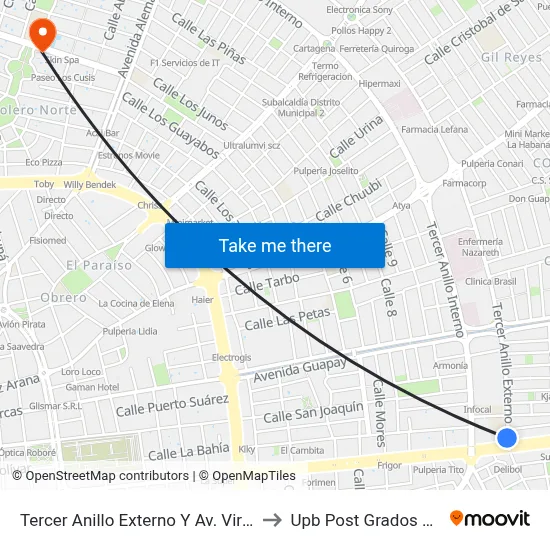 Tercer Anillo Externo Y Av. Virgen De Cotoca to Upb Post Grados Santa Cruz map