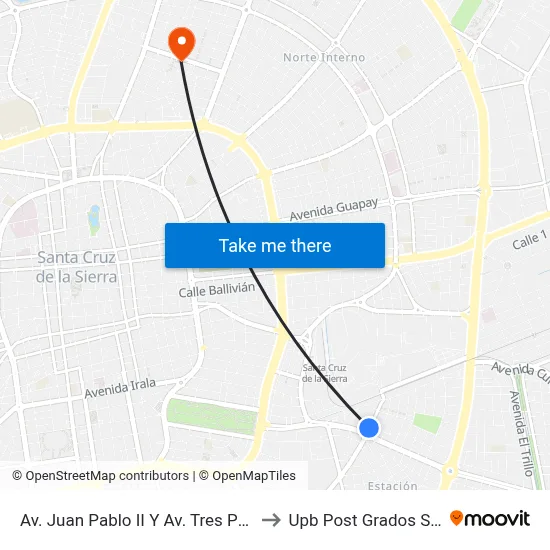 Av. Juan Pablo II Y Av. Tres Pasos Al Frente to Upb Post Grados Santa Cruz map