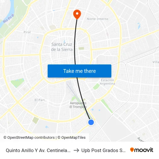 Quinto Anillo Y Av. Centinelas Del Chaco to Upb Post Grados Santa Cruz map