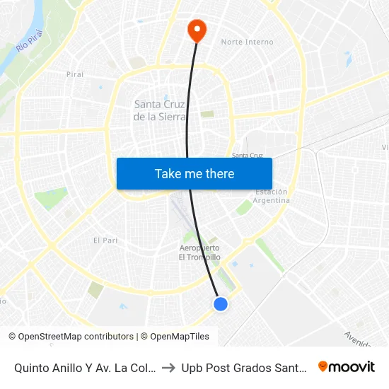 Quinto Anillo Y Av. La Colorada to Upb Post Grados Santa Cruz map