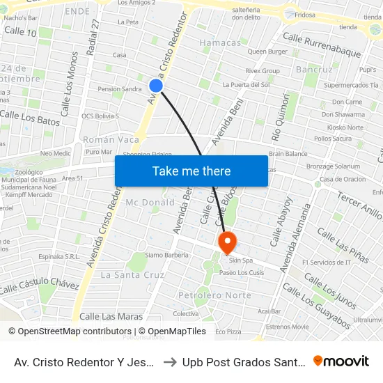 Av. Cristo Redentor Y Jesús Lara to Upb Post Grados Santa Cruz map