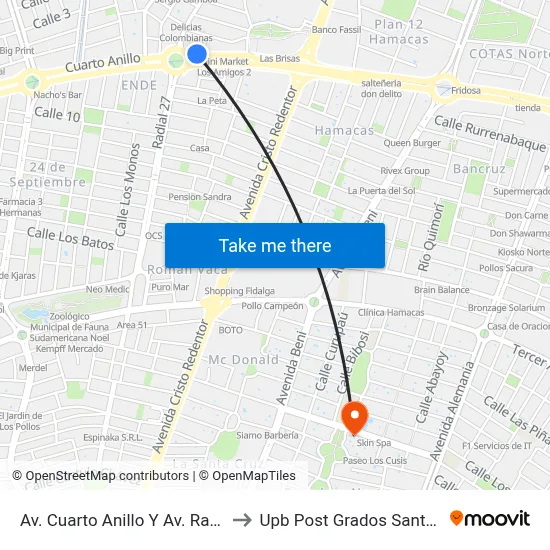 Av. Cuarto Anillo Y Av. Radial 27 to Upb Post Grados Santa Cruz map
