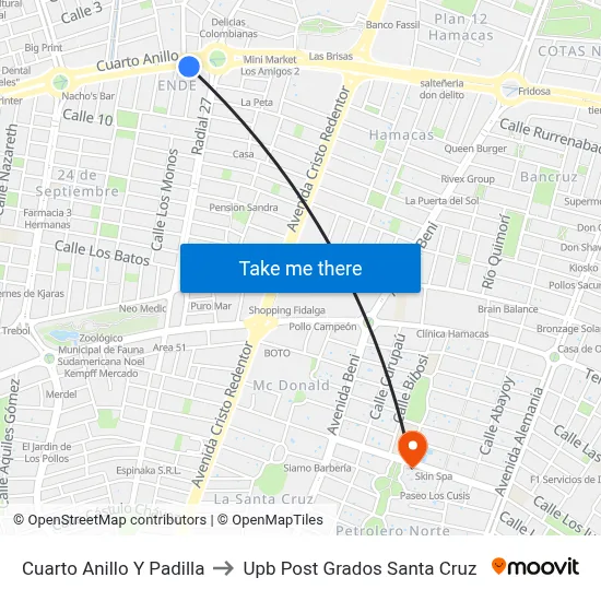 Cuarto Anillo Y Padilla to Upb Post Grados Santa Cruz map
