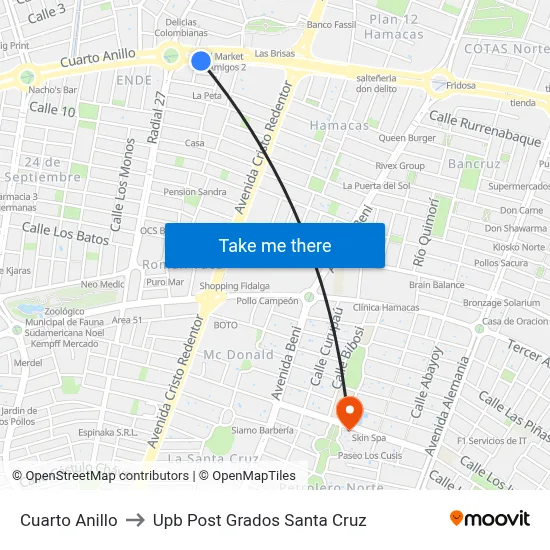 Cuarto Anillo to Upb Post Grados Santa Cruz map
