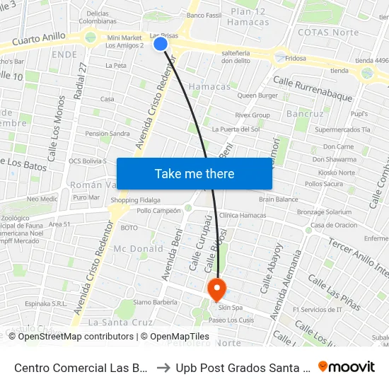 Centro Comercial Las Brisas to Upb Post Grados Santa Cruz map