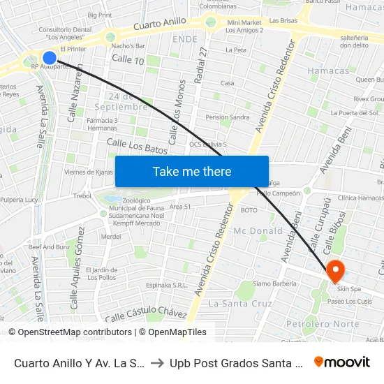 Cuarto Anillo Y Av. La Salle to Upb Post Grados Santa Cruz map