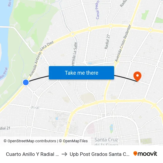 Cuarto Anillo Y Radial 23 to Upb Post Grados Santa Cruz map