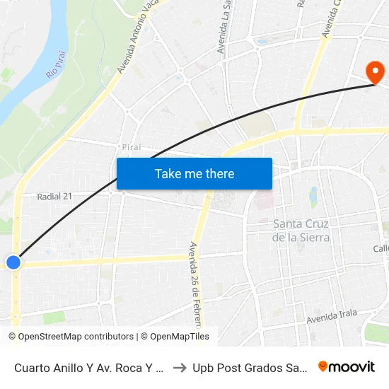 Cuarto Anillo Y Av. Roca Y Coronado to Upb Post Grados Santa Cruz map