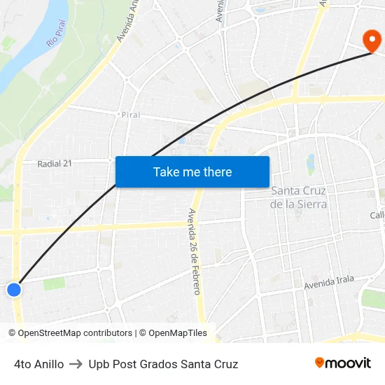 4to Anillo to Upb Post Grados Santa Cruz map