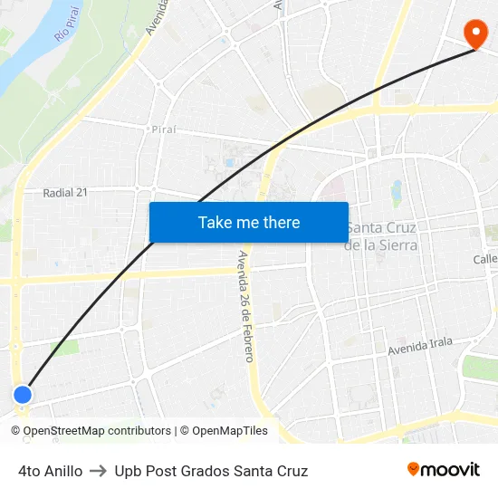 4to Anillo to Upb Post Grados Santa Cruz map