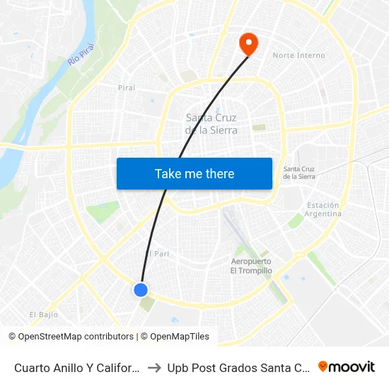 Cuarto Anillo Y California to Upb Post Grados Santa Cruz map